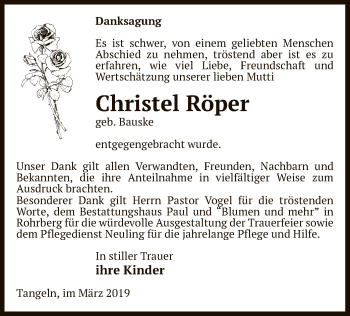 Traueranzeige von Christel Röper von Uelzen