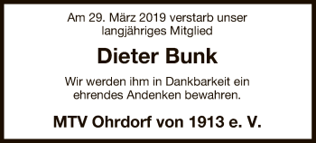 Traueranzeige von Dieter Bunk von Uelzen