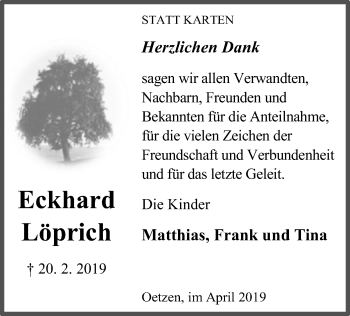 Traueranzeige von Eckhard Löprich von Uelzen