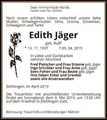 Traueranzeige von Edith Jäger von Uelzen