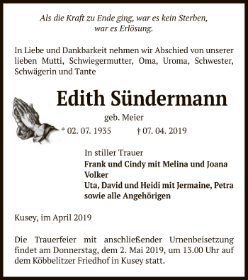 Traueranzeige von Edith Sündermann von Uelzen