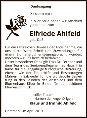 Traueranzeige von Elfriede Ahlfeld von Uelzen