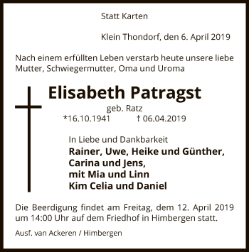 Traueranzeige von Elisabeth Patragst von Uelzen