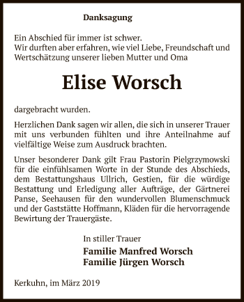 Traueranzeige von Elise Worsch von Uelzen