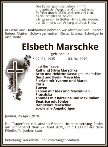 Traueranzeige von Elsbeth Marschke von Uelzen