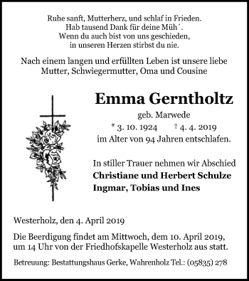 Traueranzeige von Emma Gerntholtz von Uelzen