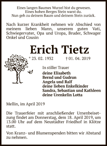 Traueranzeige von Erich Tietz von Uelzen