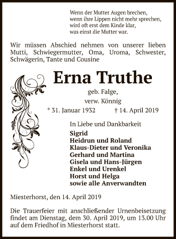 Traueranzeige von Erna Truthe von Uelzen