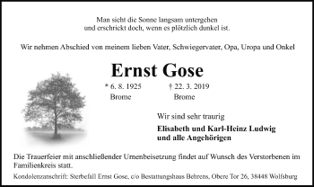 Traueranzeige von Ernst Gose von Uelzen