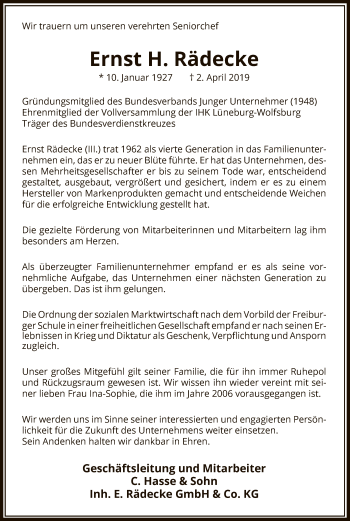 Traueranzeige von Ernst H. Rädecke von Uelzen