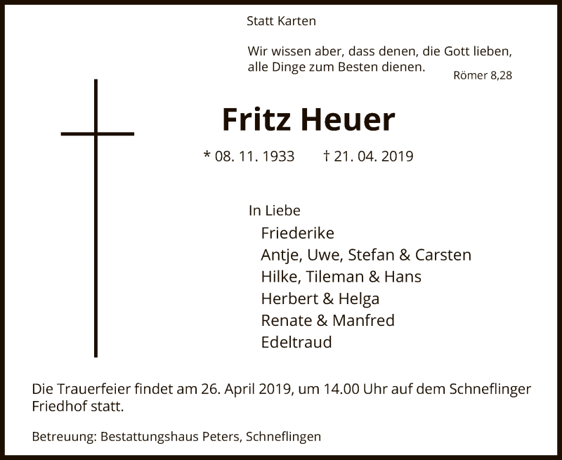  Traueranzeige für Fritz Heuer vom 24.04.2019 aus Uelzen
