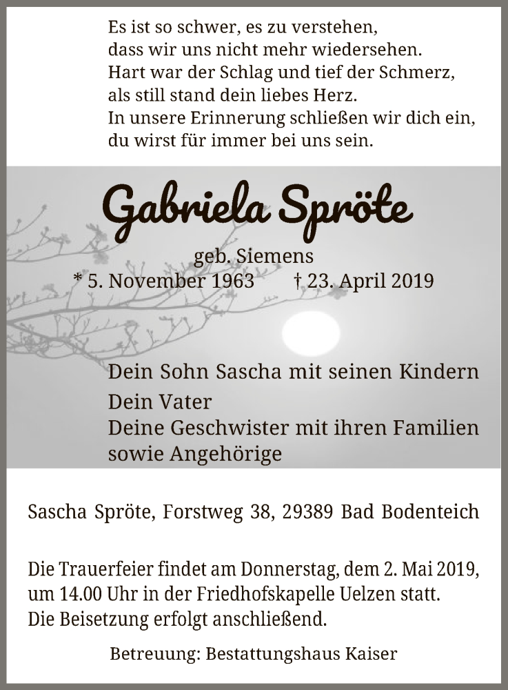  Traueranzeige für Gabriela Spröte vom 27.04.2019 aus Uelzen