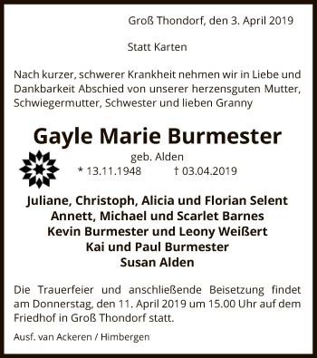 Traueranzeige von Gayle Marie Burmester von Uelzen