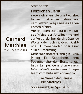 Traueranzeige von Gerhard Matthies von Uelzen