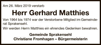 Traueranzeige von Gerhard Matthies von Uelzen