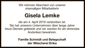 Traueranzeige von Gisela Lemke von Uelzen