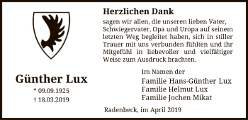 Traueranzeige von Günther Lux von Uelzen