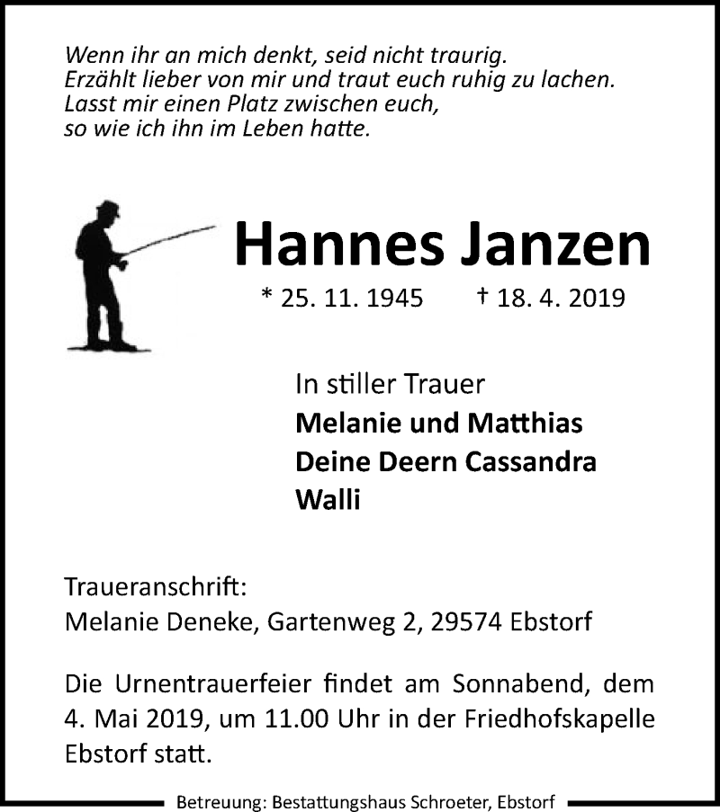  Traueranzeige für Hannes Janzen vom 24.04.2019 aus Uelzen