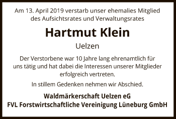 Traueranzeige von Hartmut Klein von Uelzen