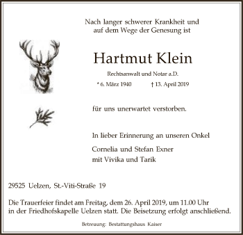 Traueranzeige von Hartmut Klein von Uelzen