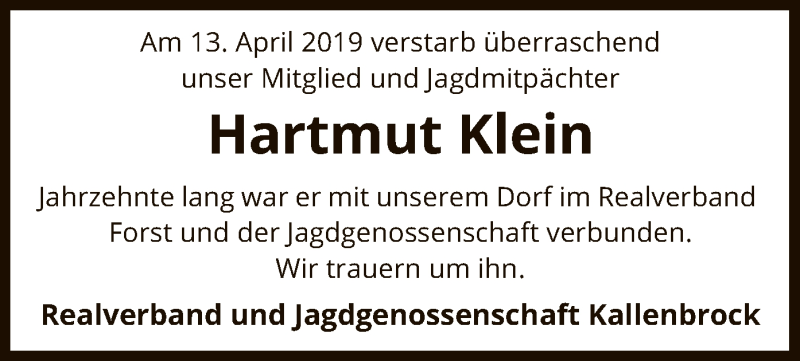  Traueranzeige für Hartmut Klein vom 24.04.2019 aus Uelzen
