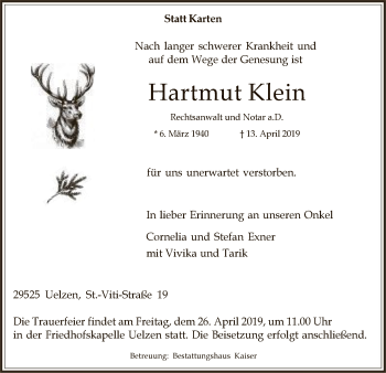 Traueranzeige von Hartmut Klein von Uelzen