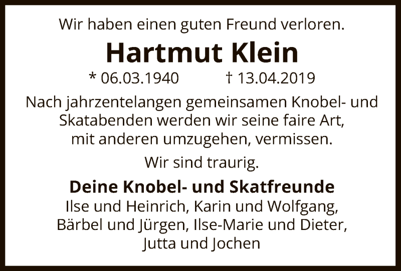  Traueranzeige für Hartmut Klein vom 20.04.2019 aus Uelzen