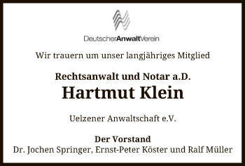 Traueranzeige von Hartmut Klein von Uelzen