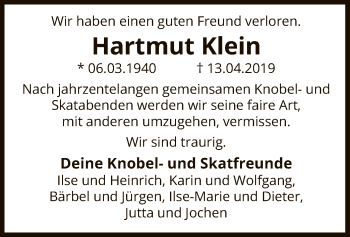 Traueranzeige von Hartmut Klein von Uelzen