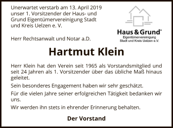 Traueranzeige von Hartmut Klein von Uelzen