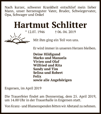 Traueranzeige von Hartmut Schlitter von Uelzen