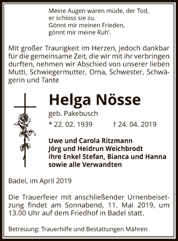 Traueranzeige von Helga Nösse von Uelzen