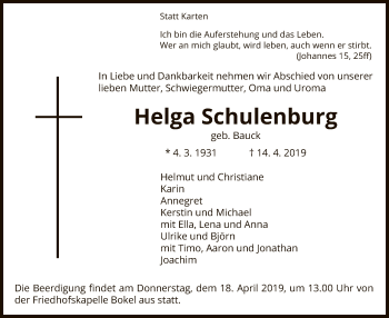 Traueranzeige von Helga Schulenburg von Uelzen