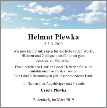 Traueranzeige von Helmut Plewka von Uelzen