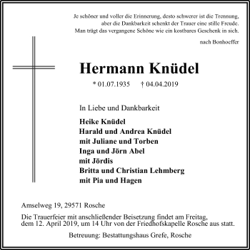 Traueranzeige von Hermann Knüdel von Uelzen