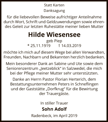 Traueranzeige von Hilde Wiesensee von Uelzen