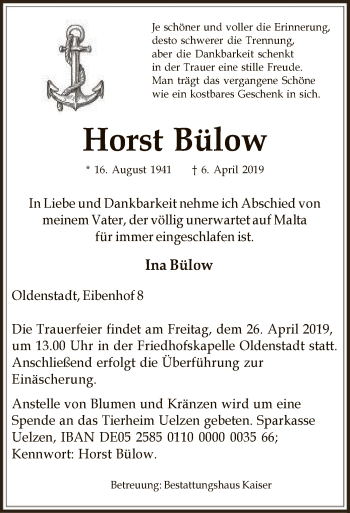 Traueranzeige von Horst Bülow von Uelzen