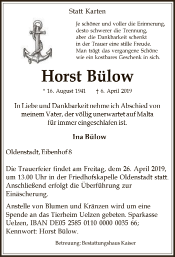Traueranzeige von Horst Bülow von Uelzen