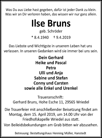 Traueranzeige von Ilse Bruns von Uelzen