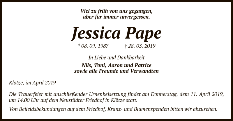  Traueranzeige für Jessica Pape vom 05.04.2019 aus Uelzen