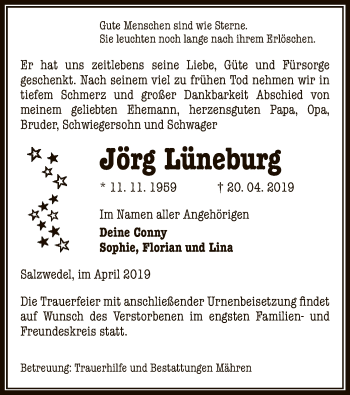 Traueranzeige von Jörg Lüneburg von Uelzen