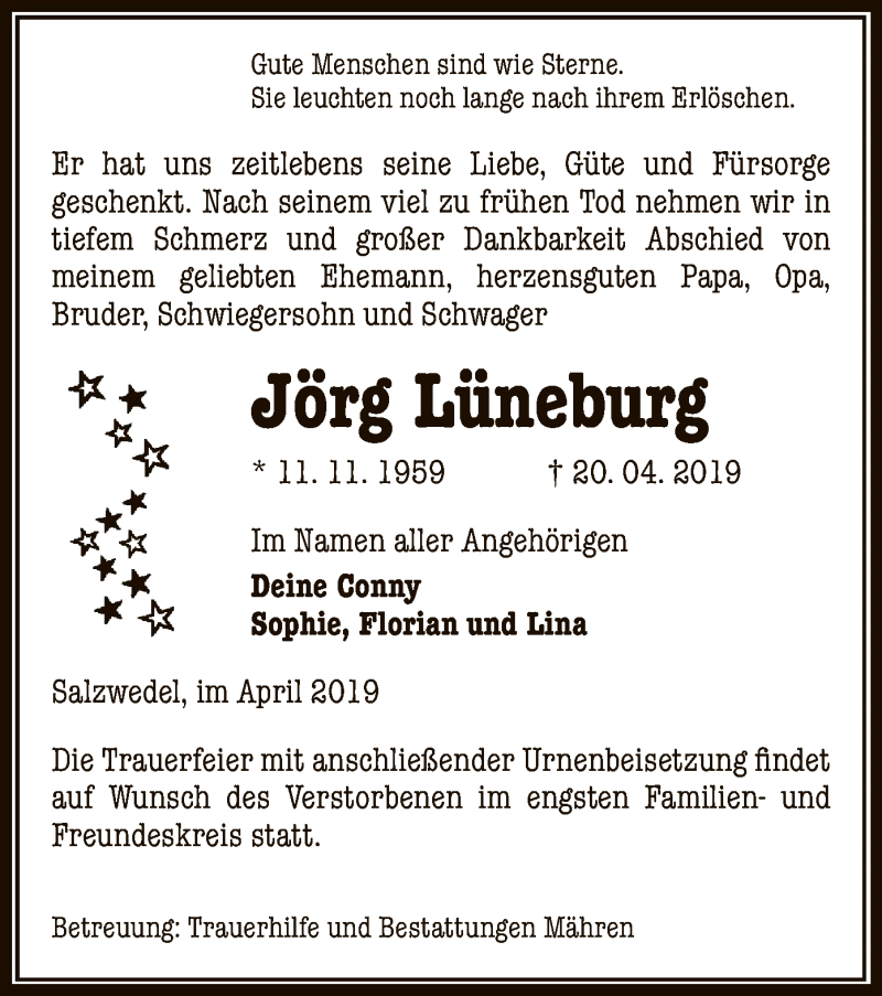  Traueranzeige für Jörg Lüneburg vom 26.04.2019 aus Uelzen
