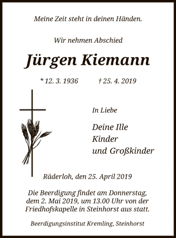 Traueranzeige von Jürgen Kiemann von Uelzen