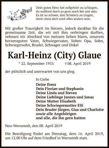 Traueranzeige von Karl-Heinz City Glaue von Uelzen