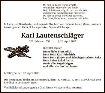 Traueranzeige von Karl Lautenschläger von Uelzen