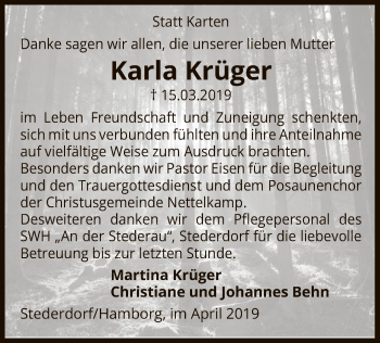 Traueranzeige von Karla Krüger von Uelzen