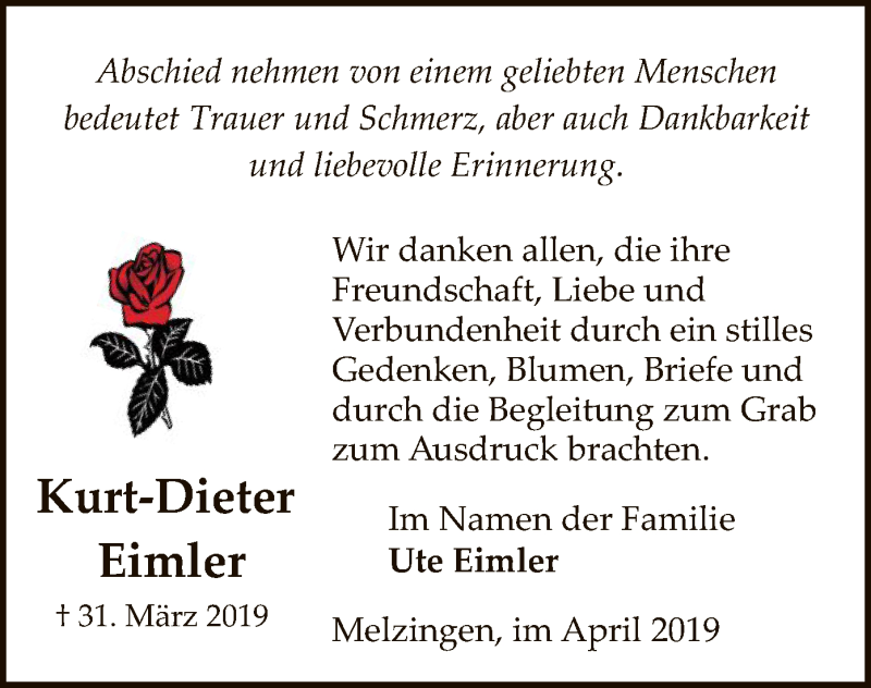  Traueranzeige für Kurt-Dieter Eimler vom 27.04.2019 aus Uelzen