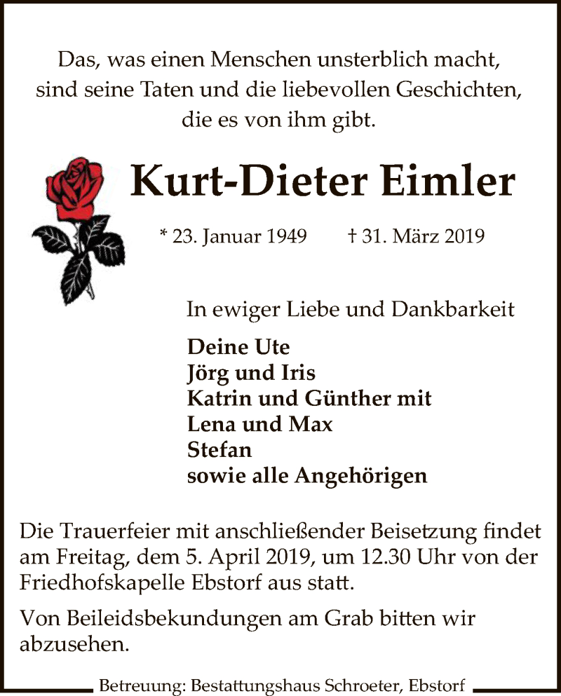  Traueranzeige für Kurt-Dieter Eimler vom 03.04.2019 aus Uelzen