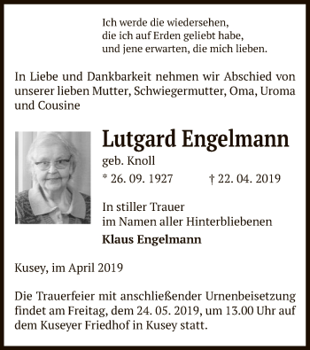 Traueranzeige von Lutgard Engelmann von Uelzen