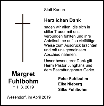 Traueranzeige von Margret Fuhlbohm von Uelzen